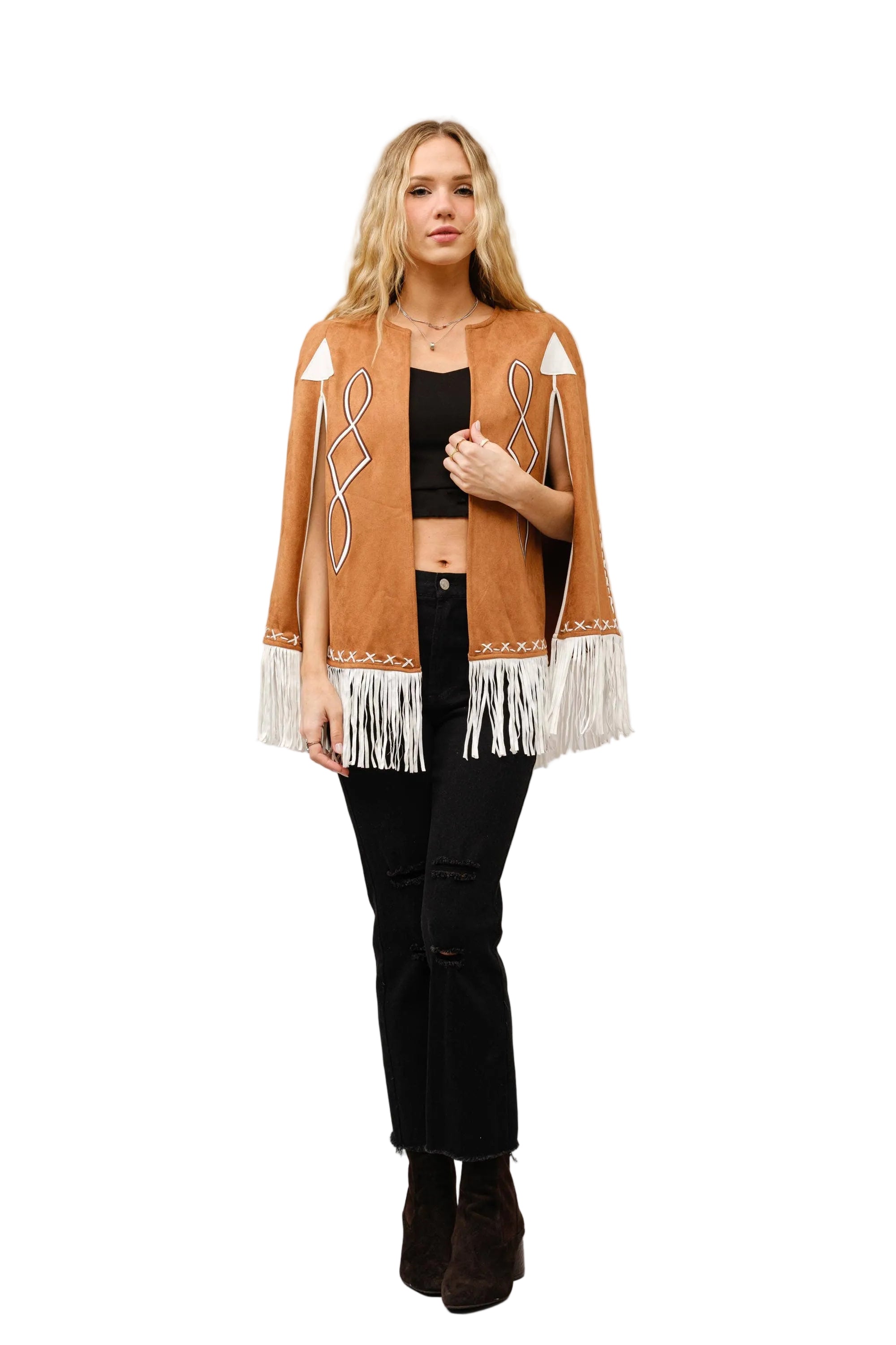 Fringe Detail Open Cape Jacket
