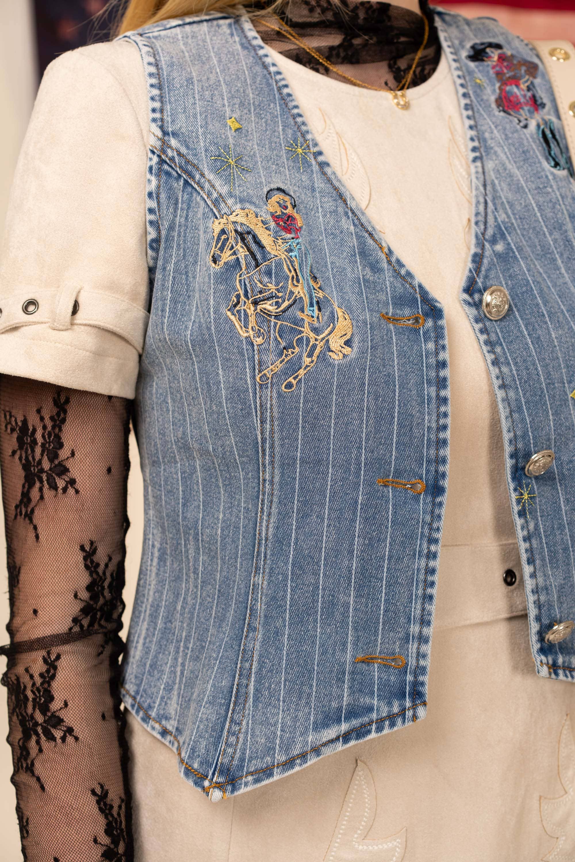 Pinstripe Embroidered Denim Crop Vest