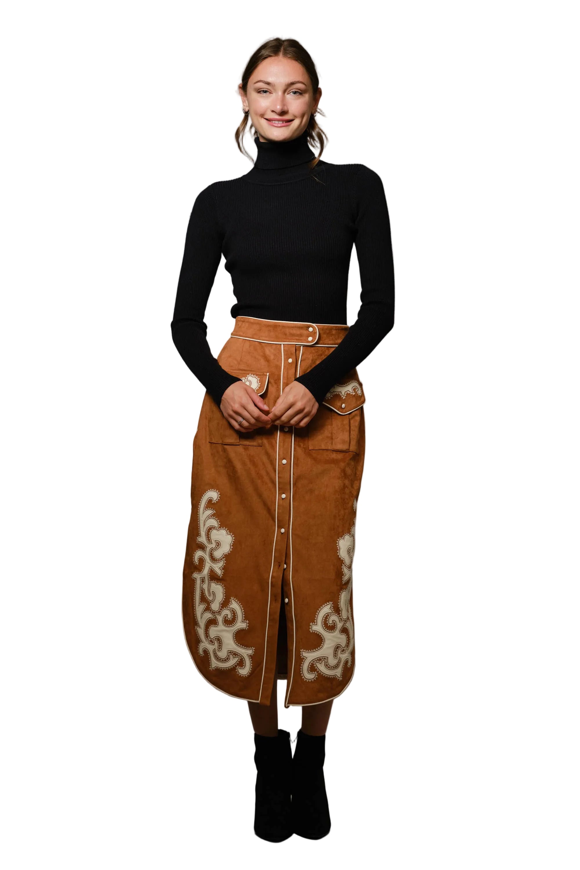 Suede Embroidered Patch Midi Skirt