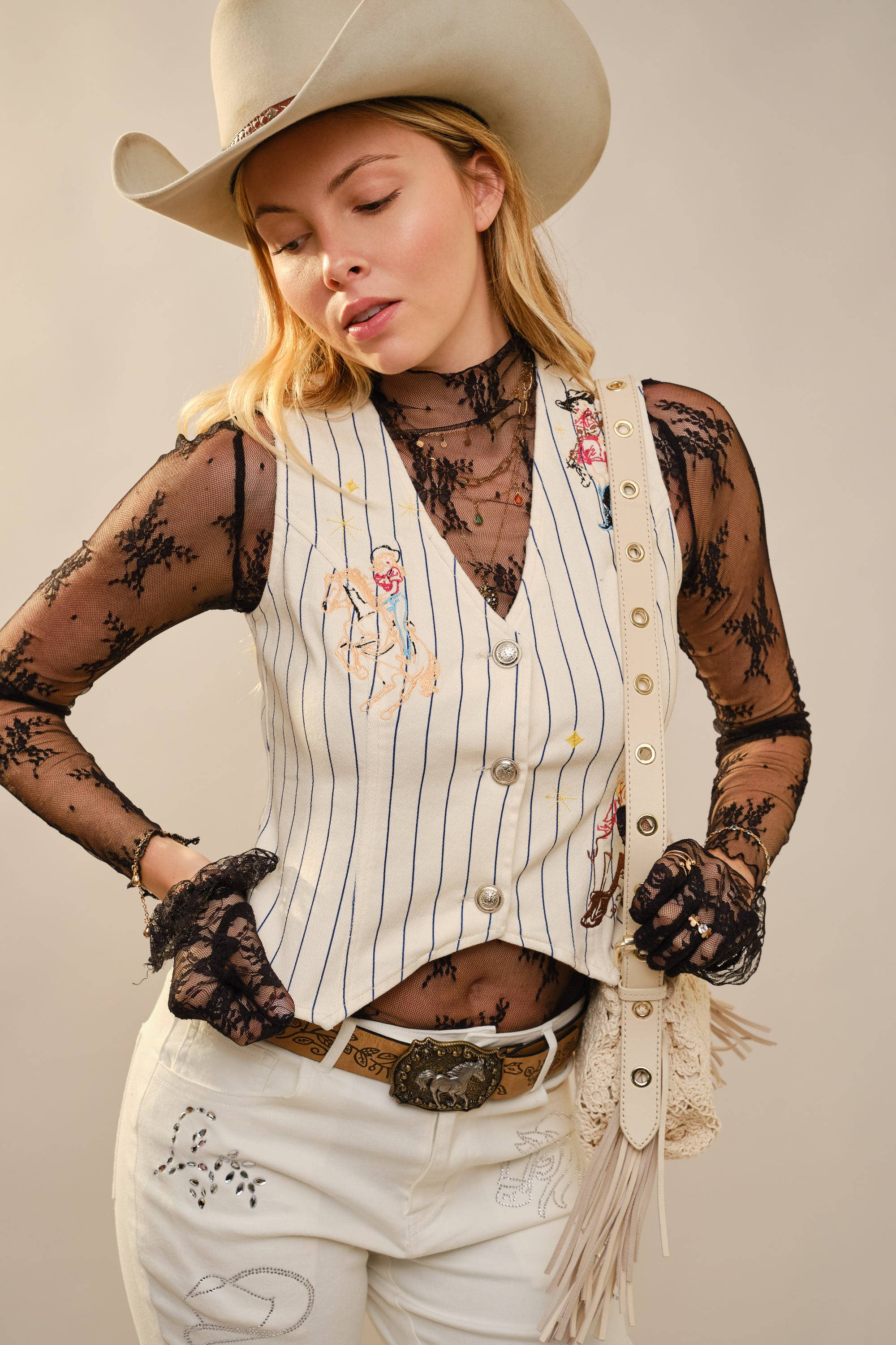 Pinstripe Embroidered Denim Crop Vest