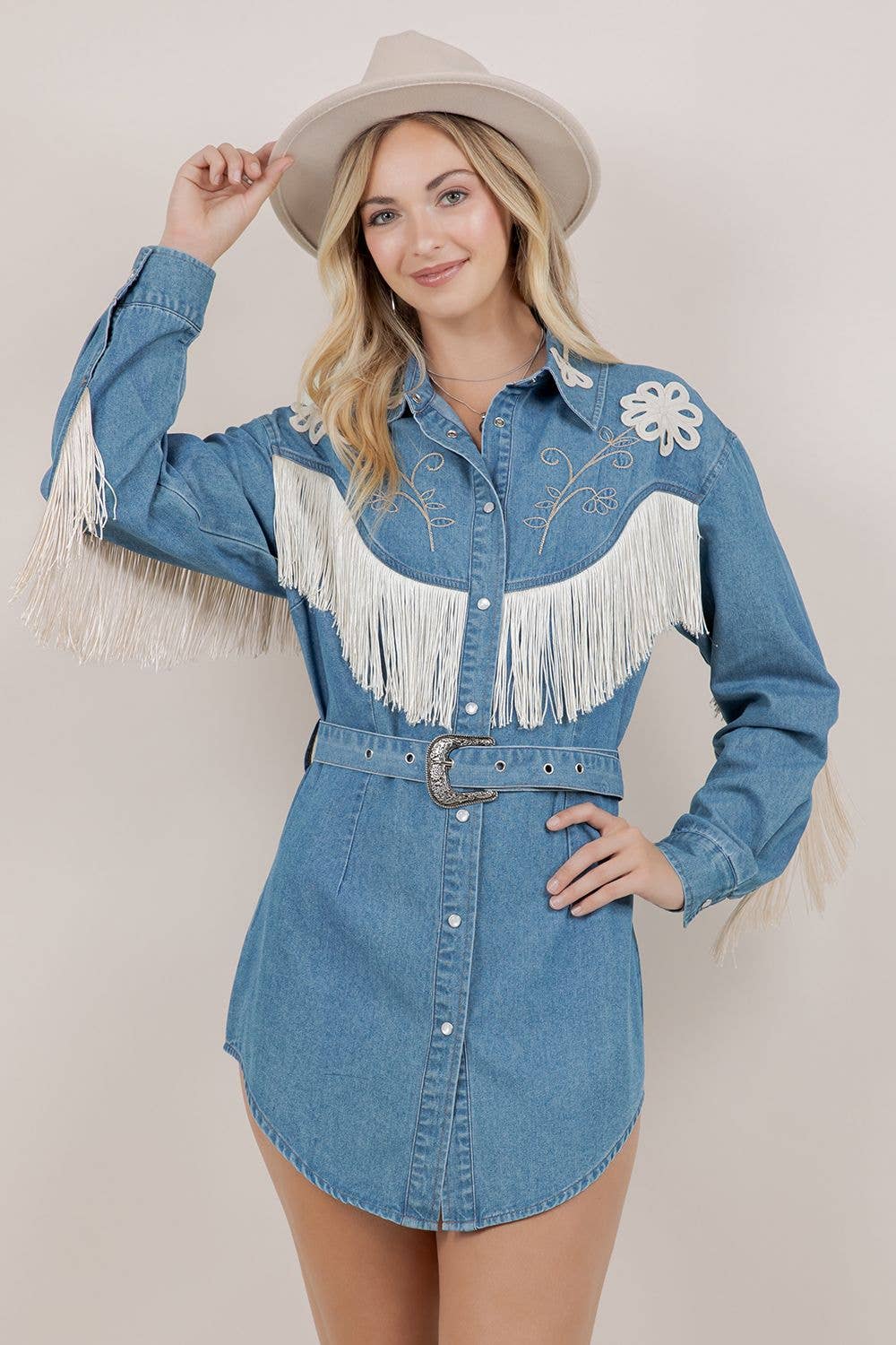 EMBROIDERY DETAIL FRINGE DENIM DRESS