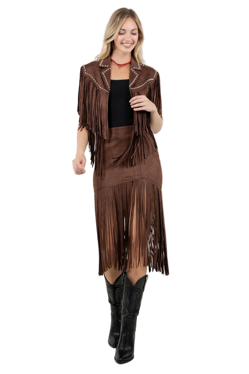 CHOCOLATE FRINGED FAUX SUEDE SKIRT