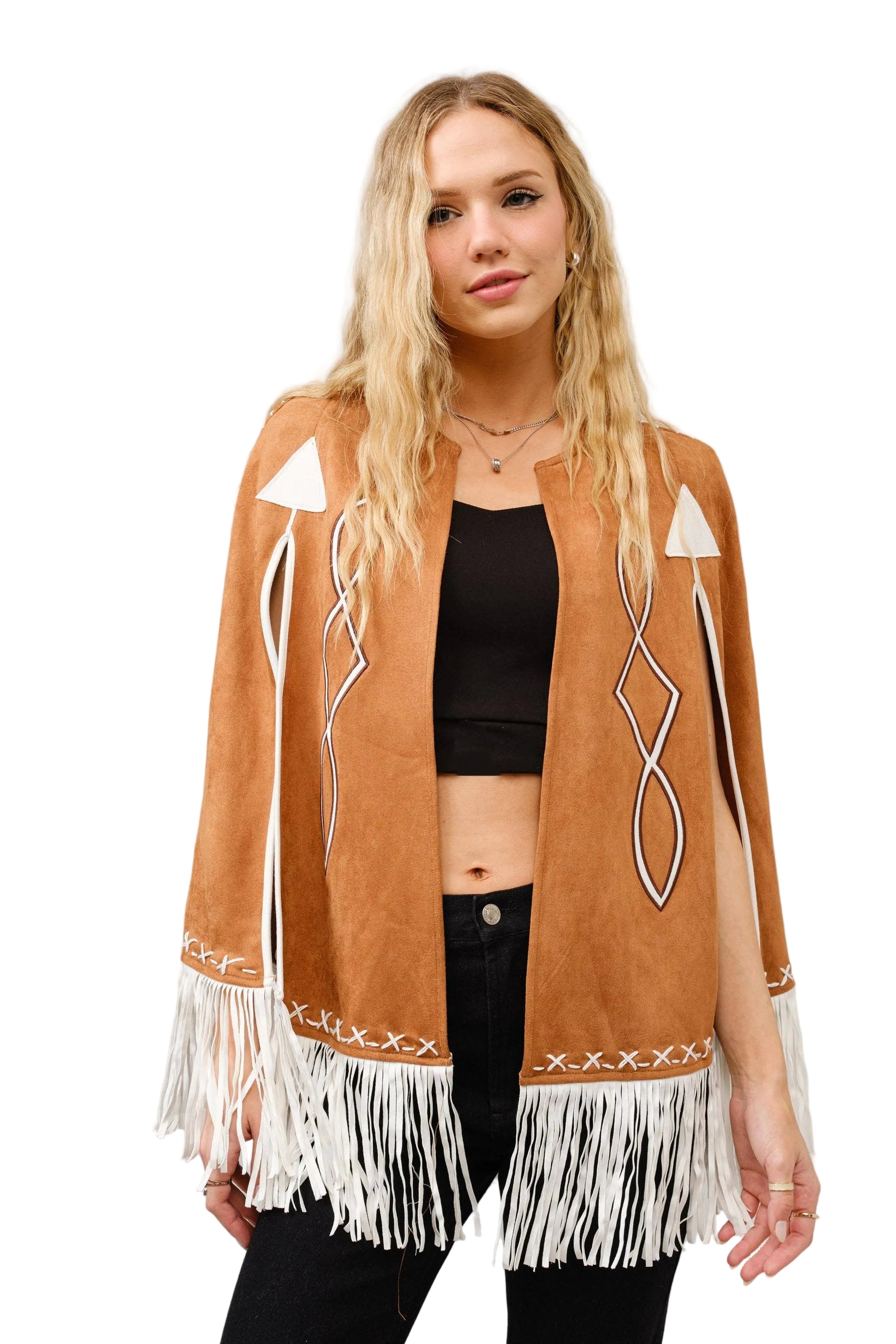 Fringe Detail Open Cape Jacket