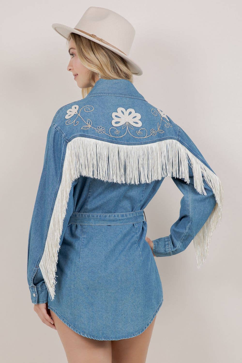 EMBROIDERY DETAIL FRINGE DENIM DRESS