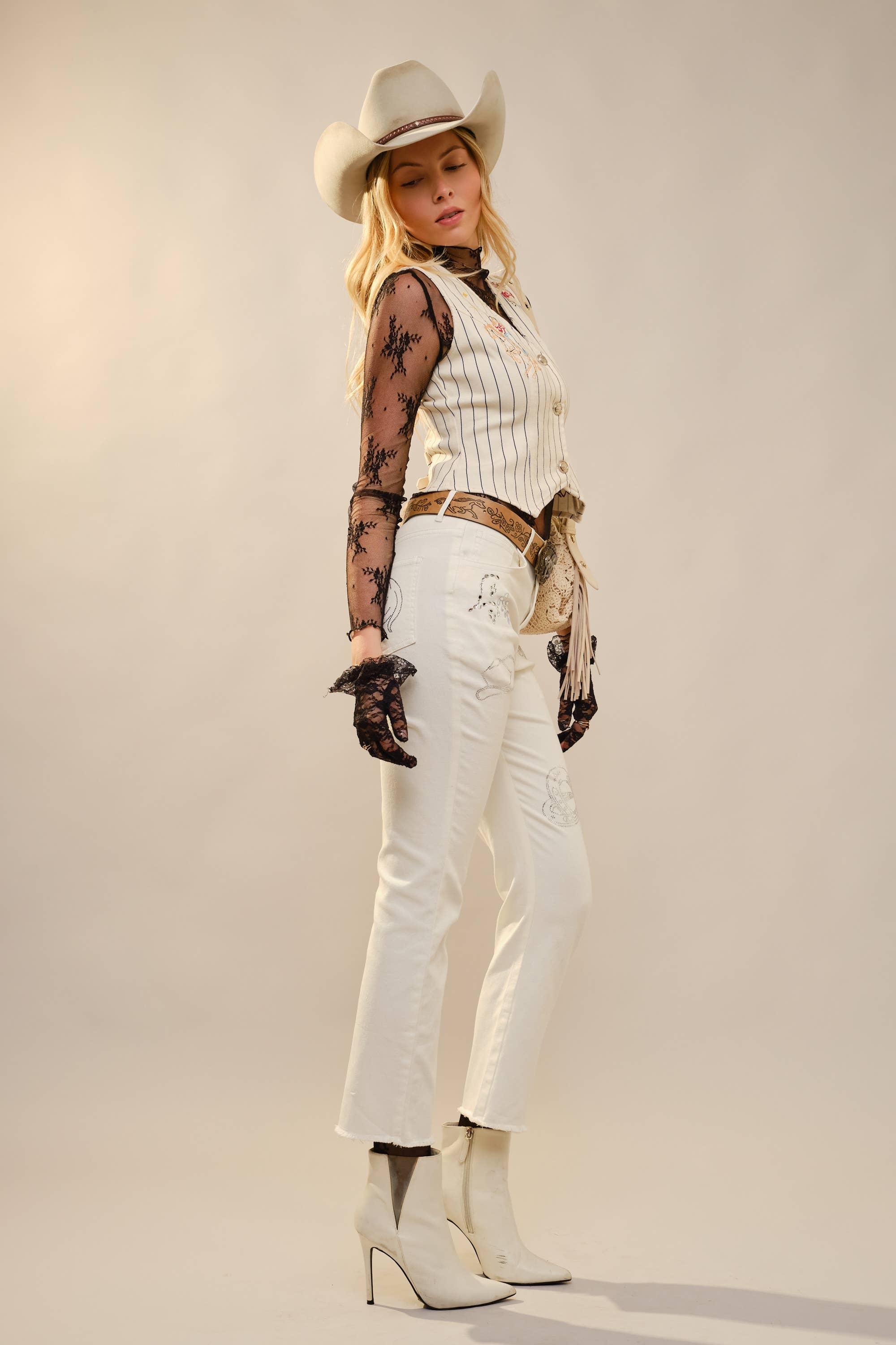 Pinstripe Embroidered Denim Crop Vest