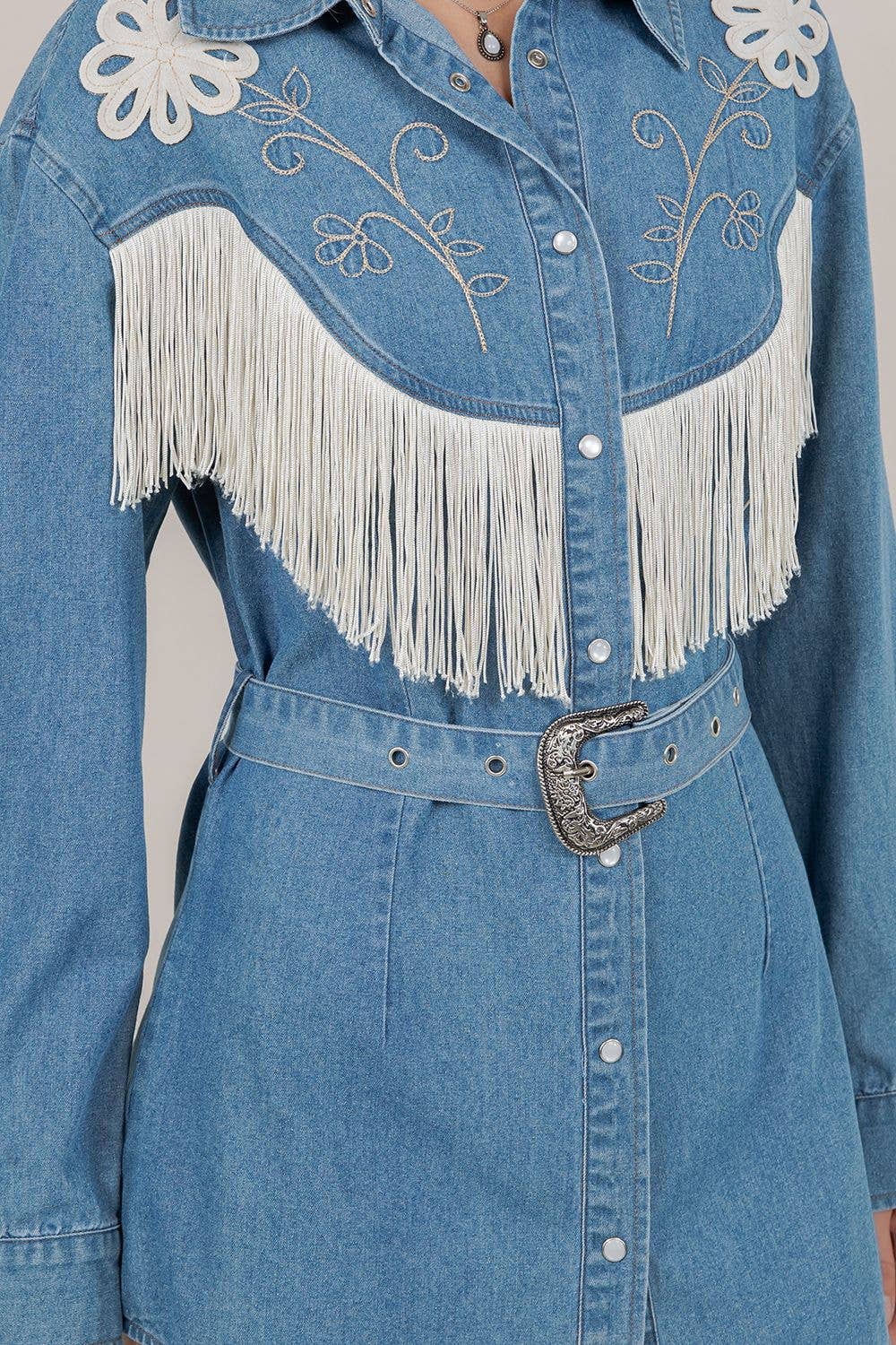 EMBROIDERY DETAIL FRINGE DENIM DRESS