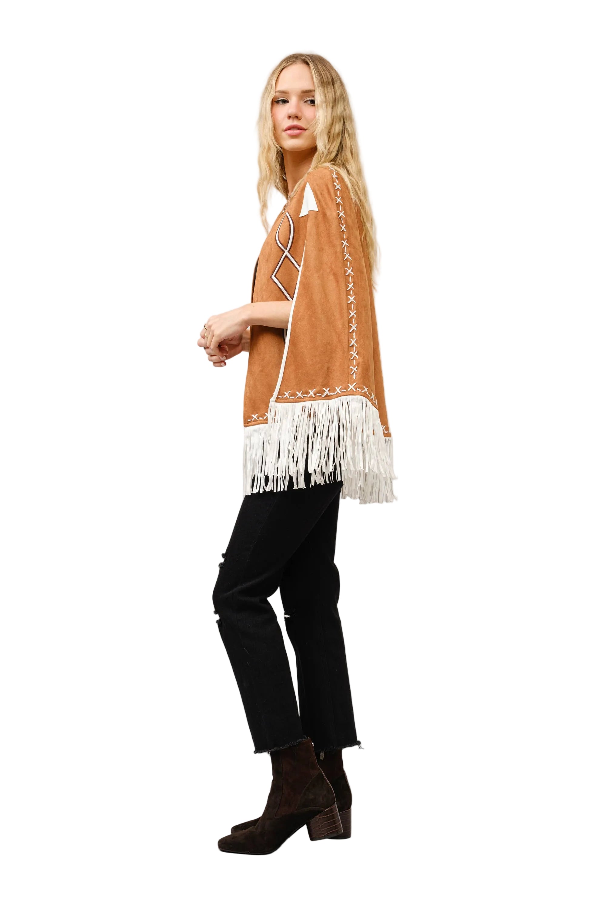 Fringe Detail Open Cape Jacket