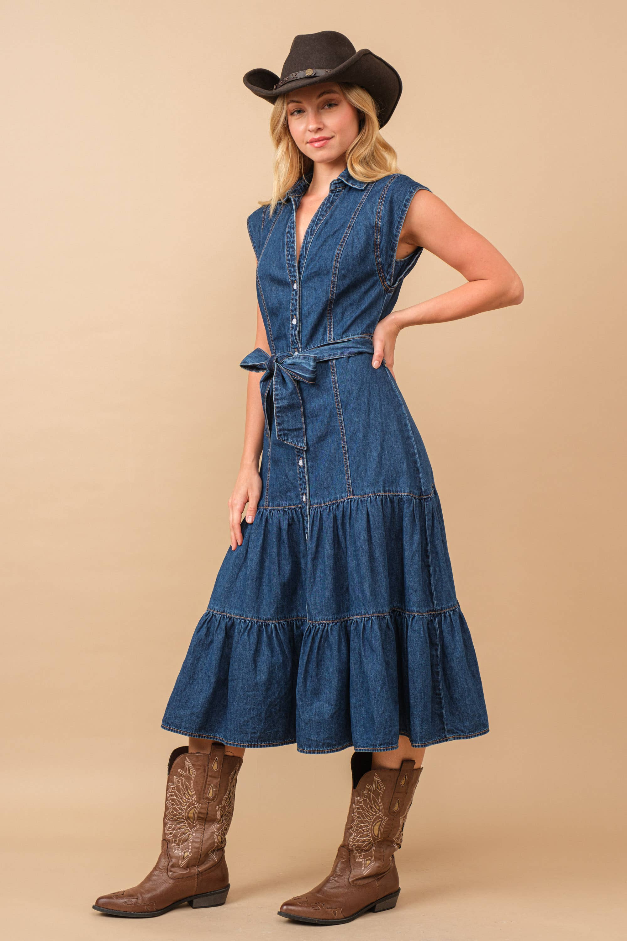 Belted Button Up Tiered Denim Midi Dress