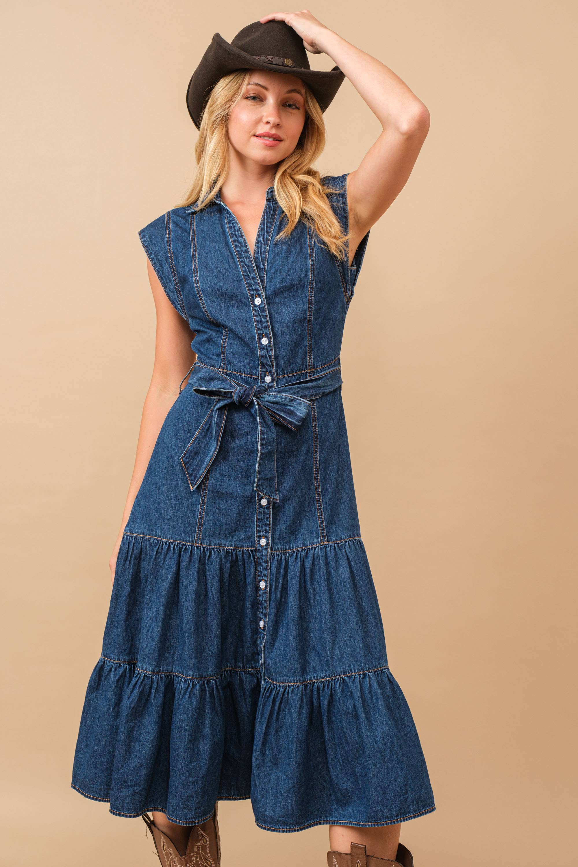 Belted Button Up Tiered Denim Midi Dress
