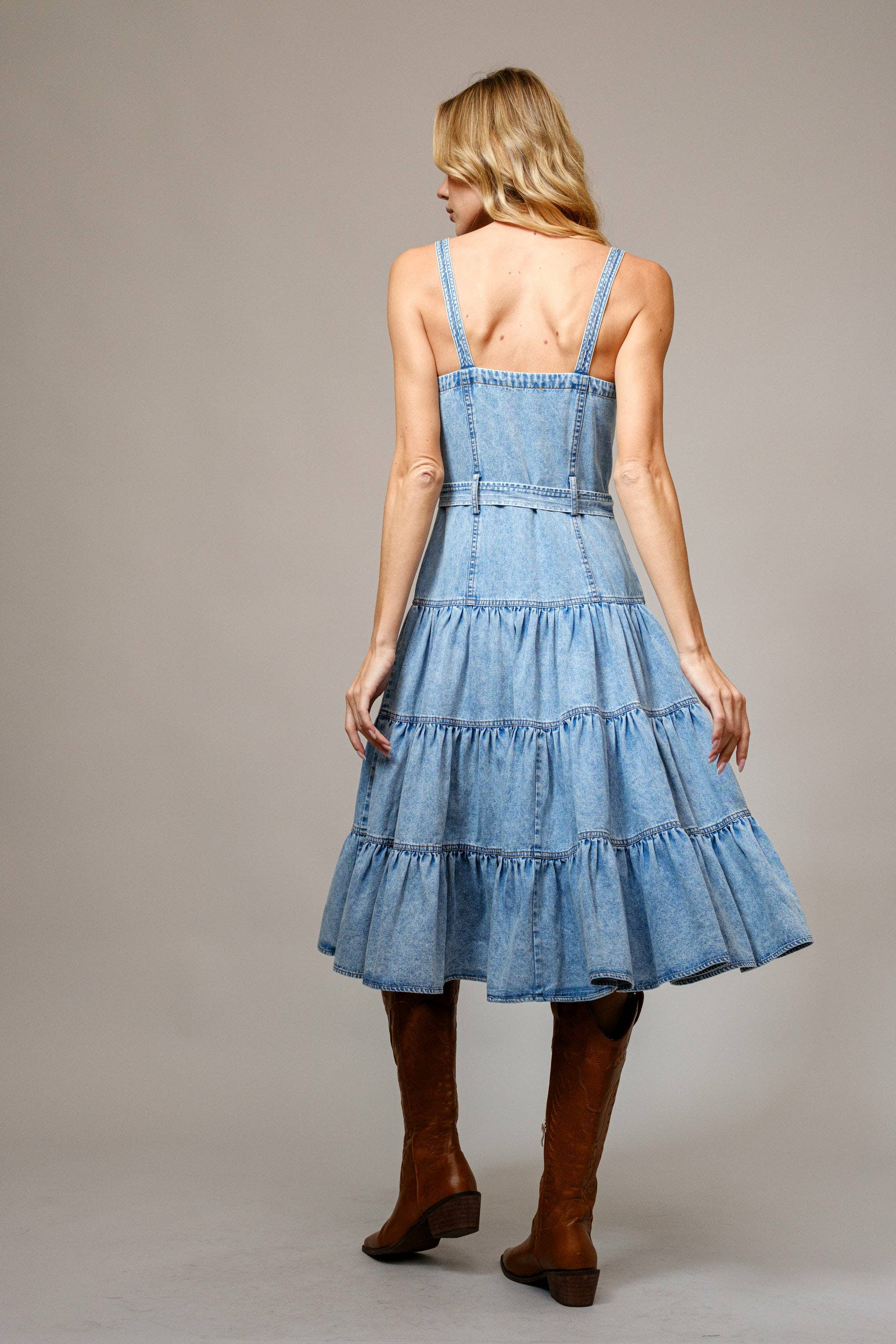 Garment Washed Tiered Zip Midi Dress