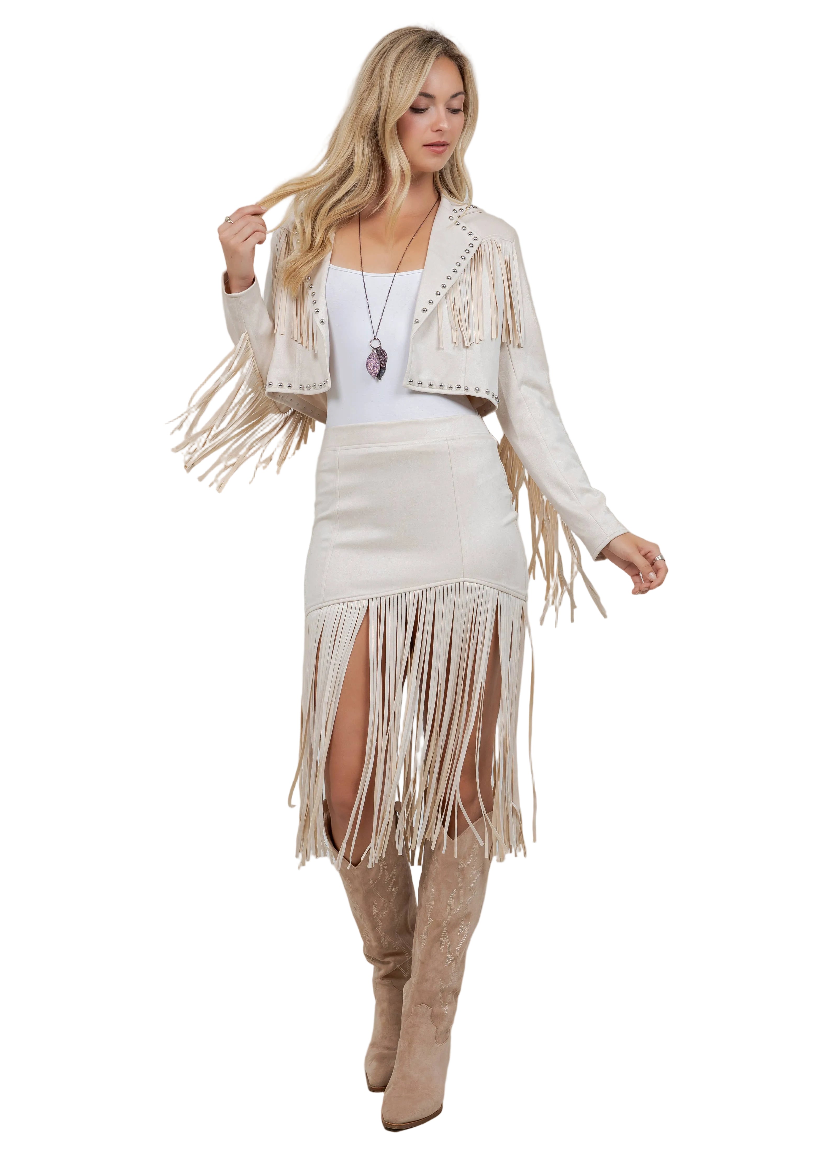 CREAM FRINGED FAUX SUEDE SKIRT