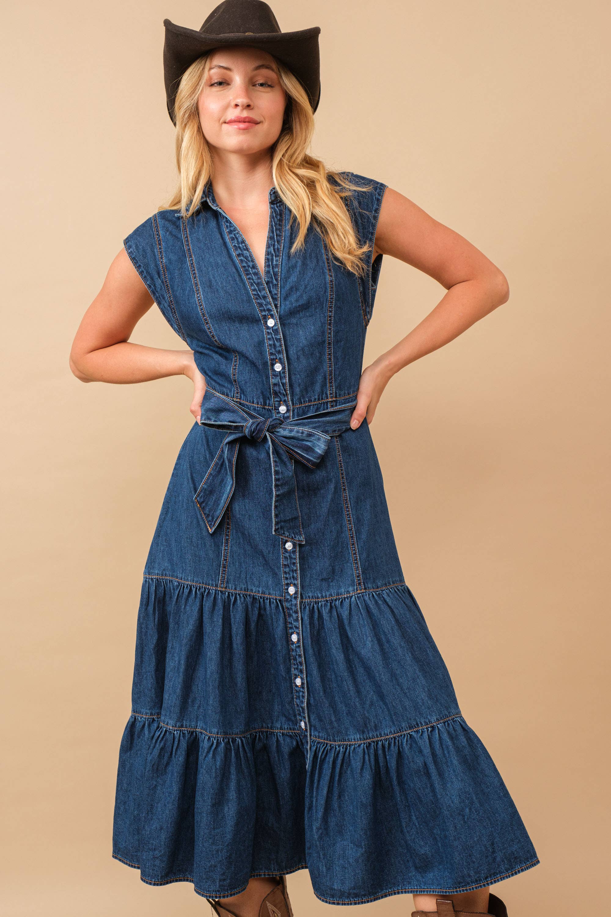 Belted Button Up Tiered Denim Midi Dress