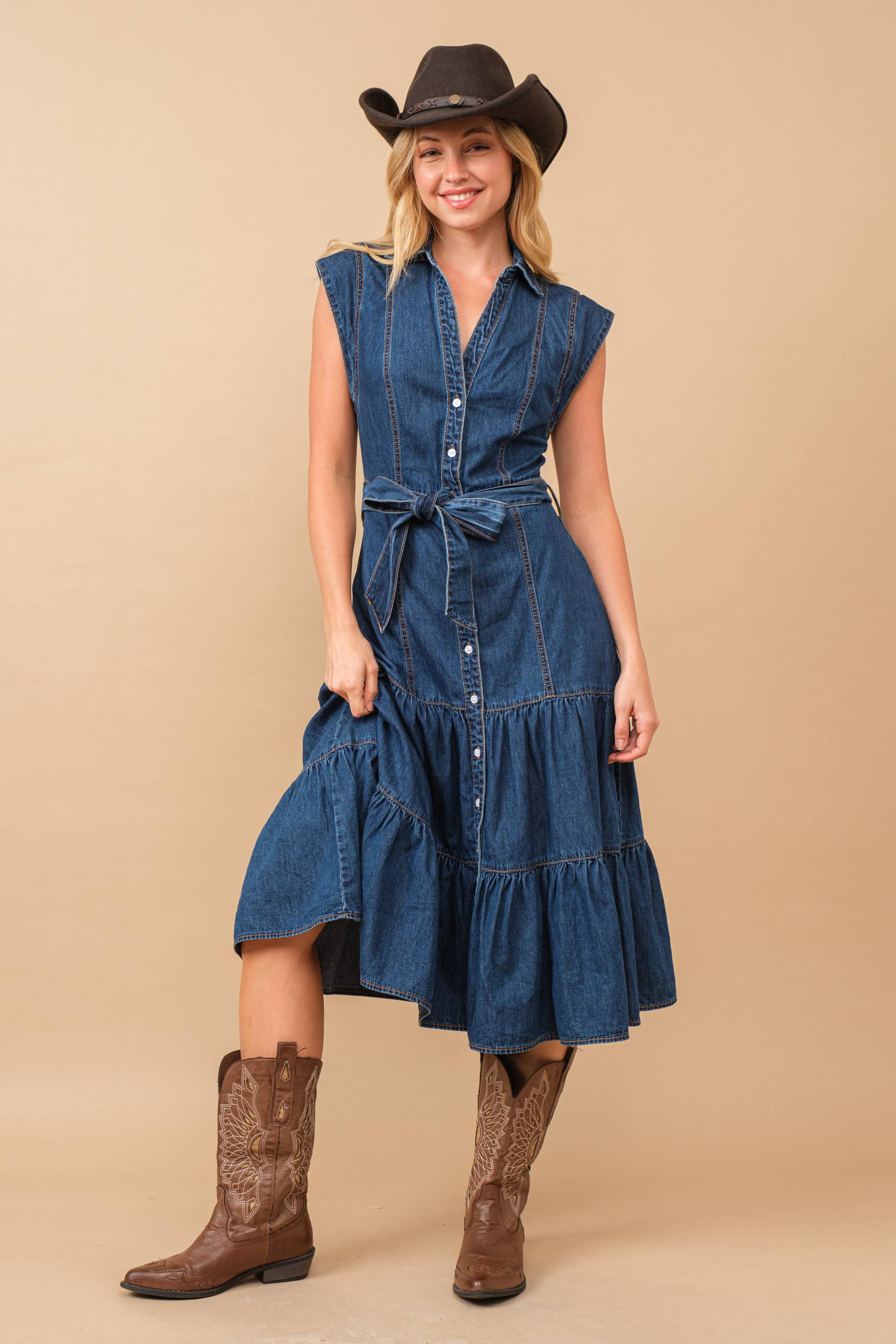 Belted Button Up Tiered Denim Midi Dress