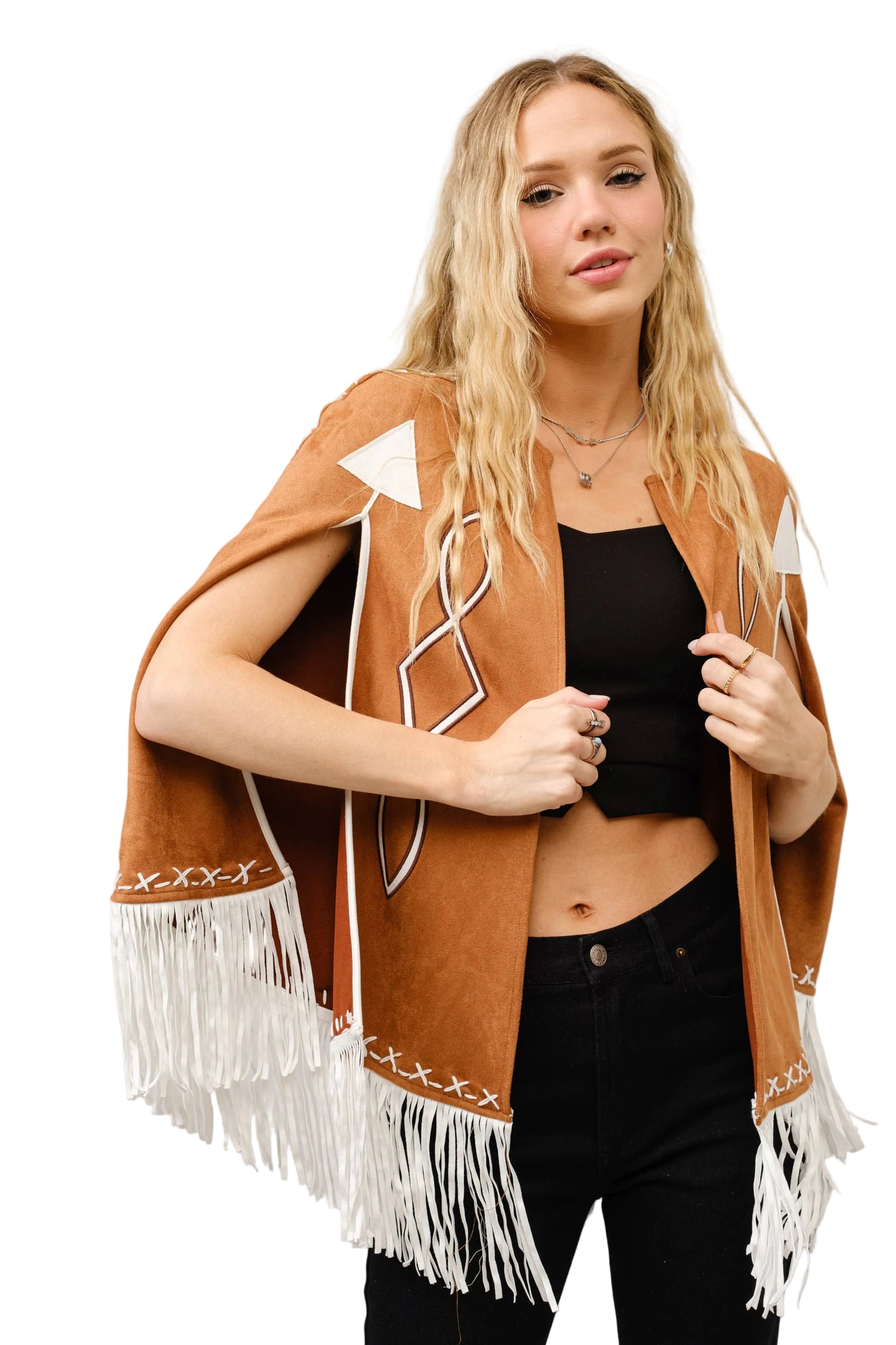 Fringe Detail Open Cape Jacket