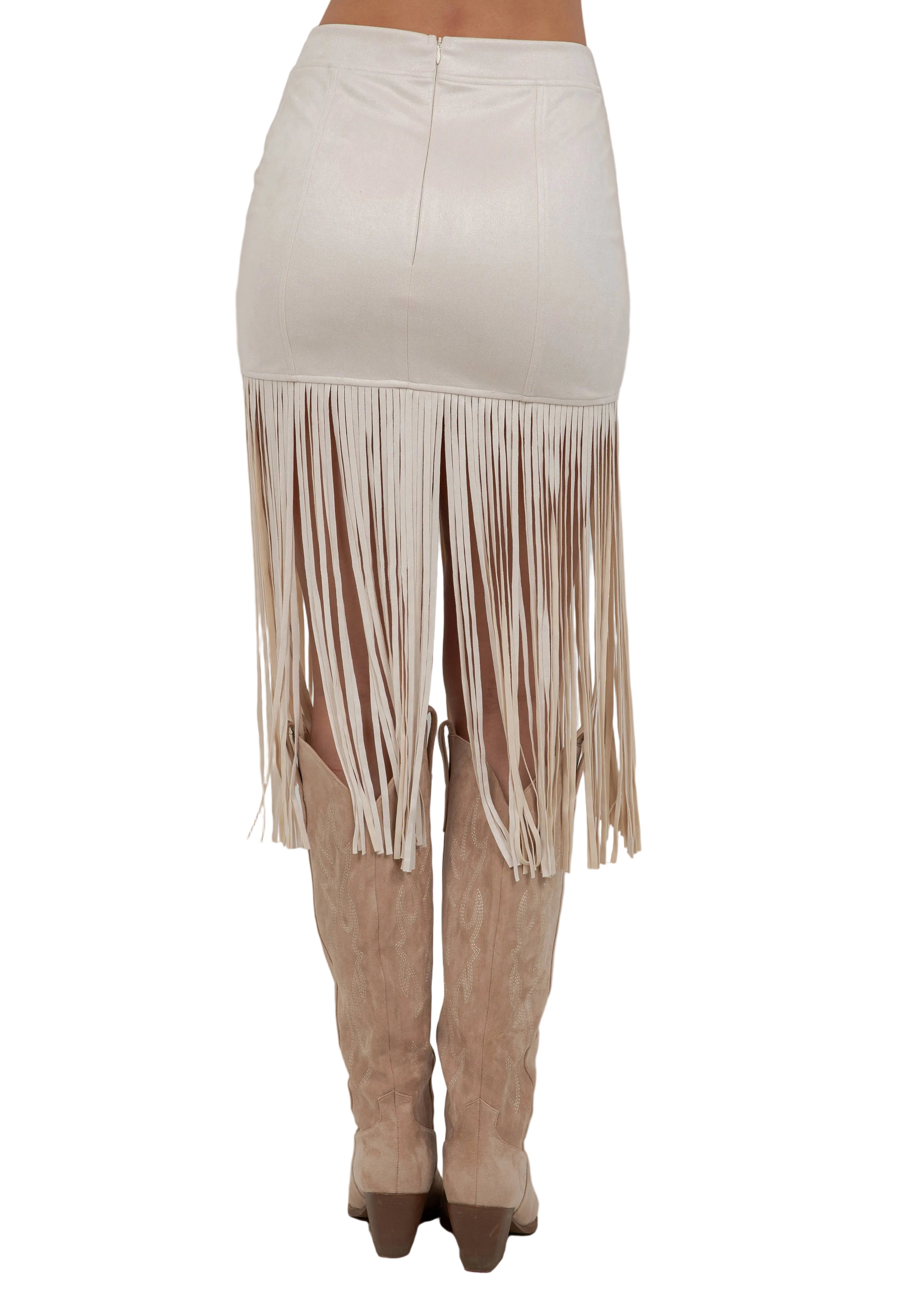 CREAM FRINGED FAUX SUEDE SKIRT