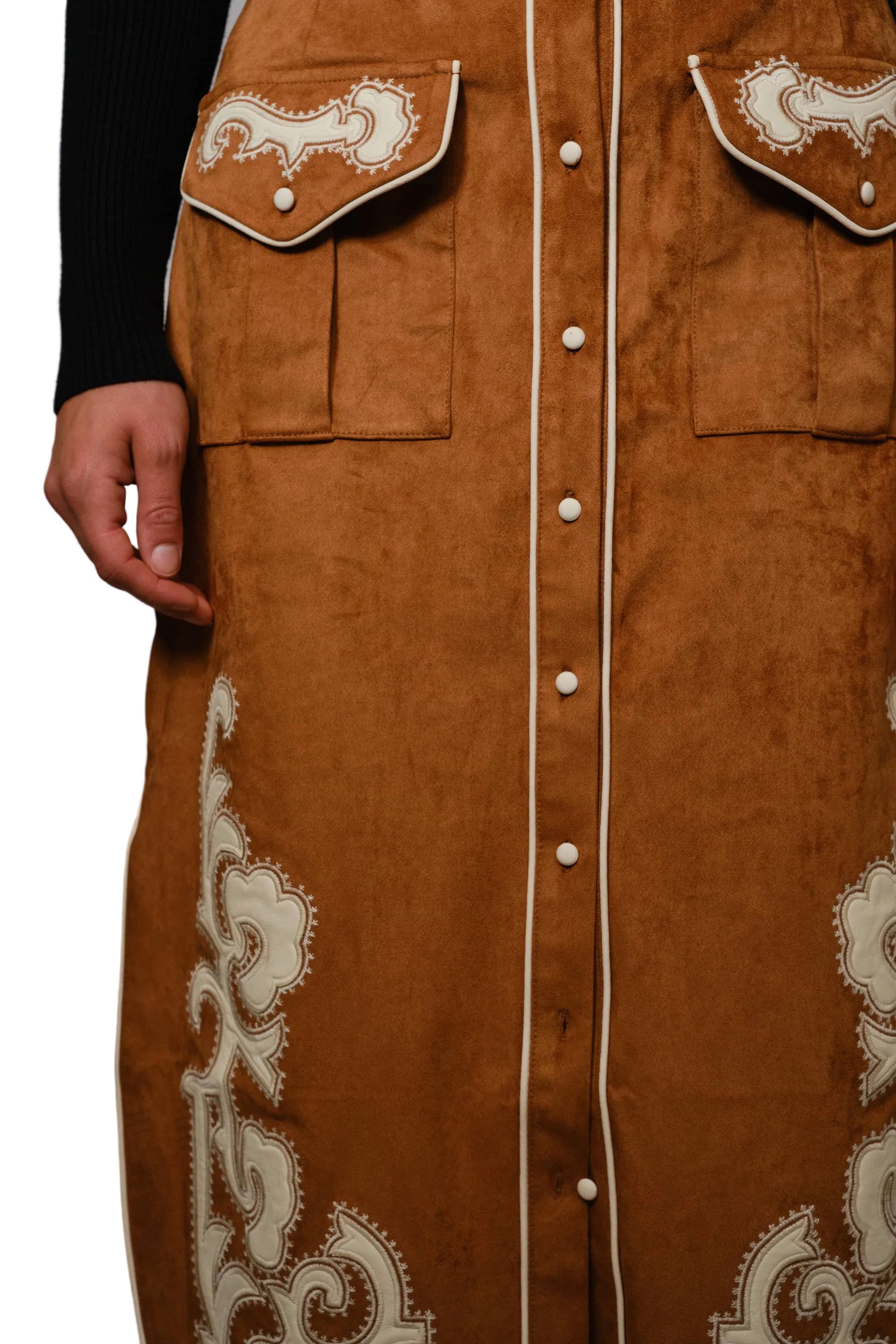 Suede Embroidered Patch Midi Skirt