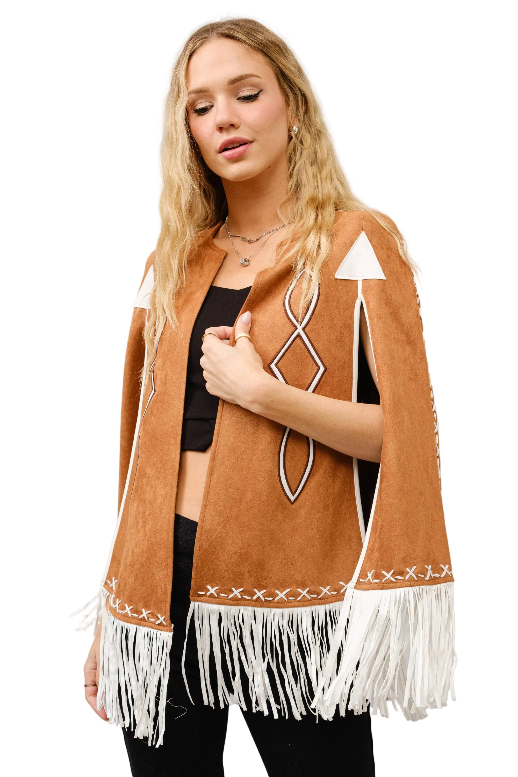 Fringe Detail Open Cape Jacket