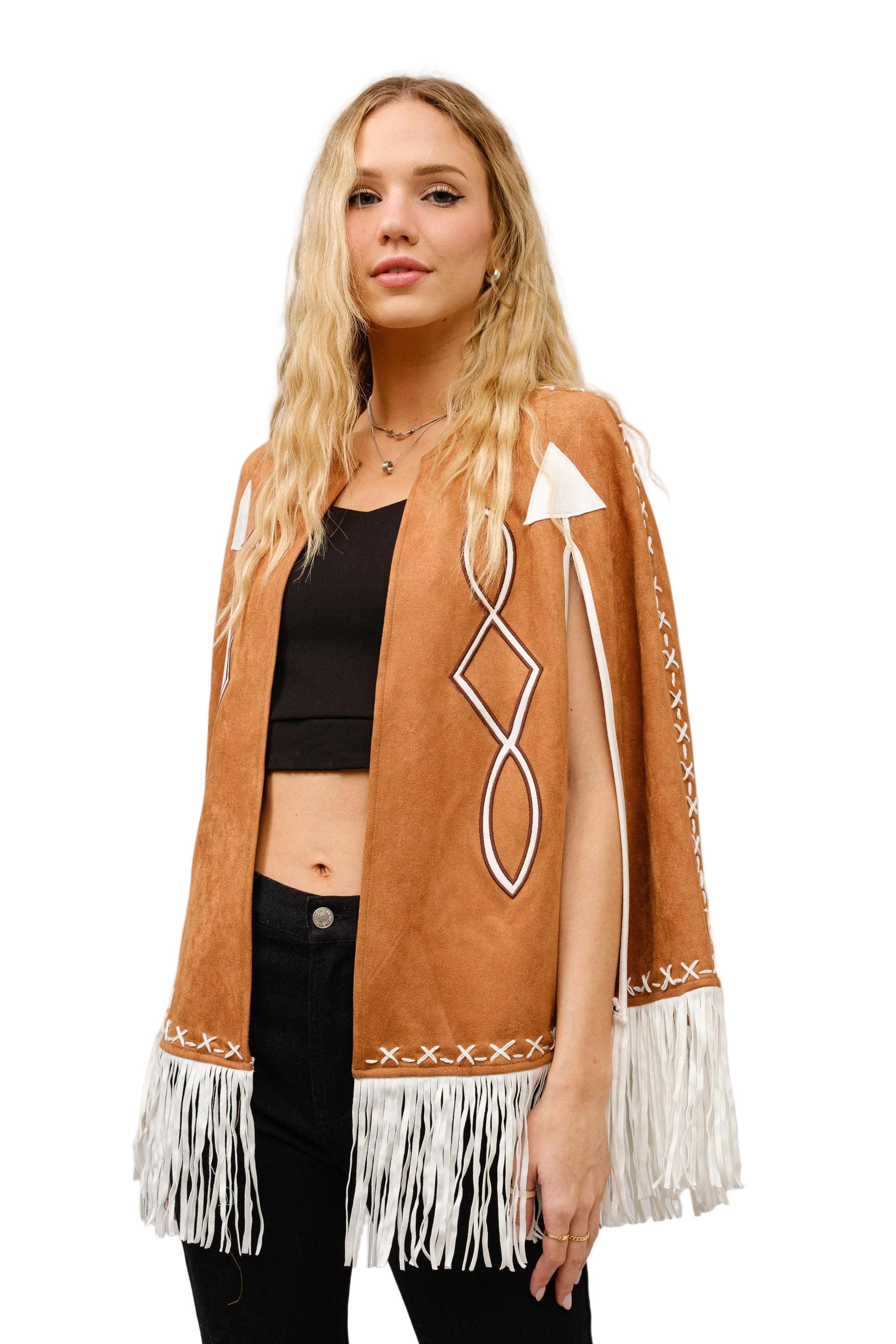 Fringe Detail Open Cape Jacket