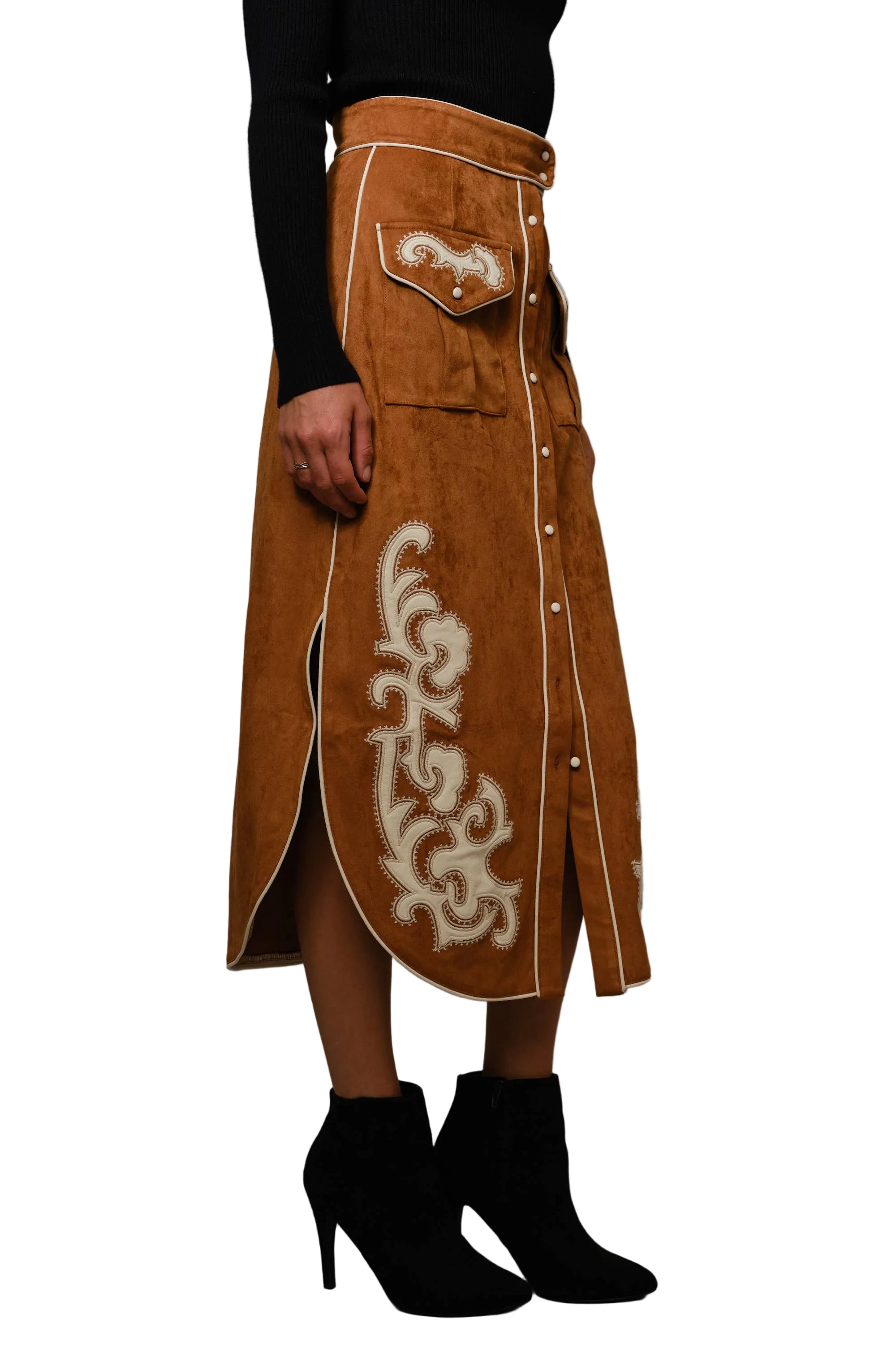 Suede Embroidered Patch Midi Skirt