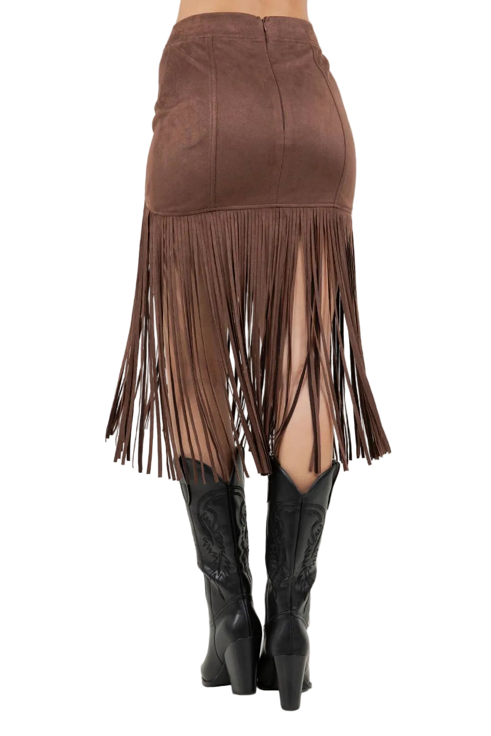CHOCOLATE FRINGED FAUX SUEDE SKIRT