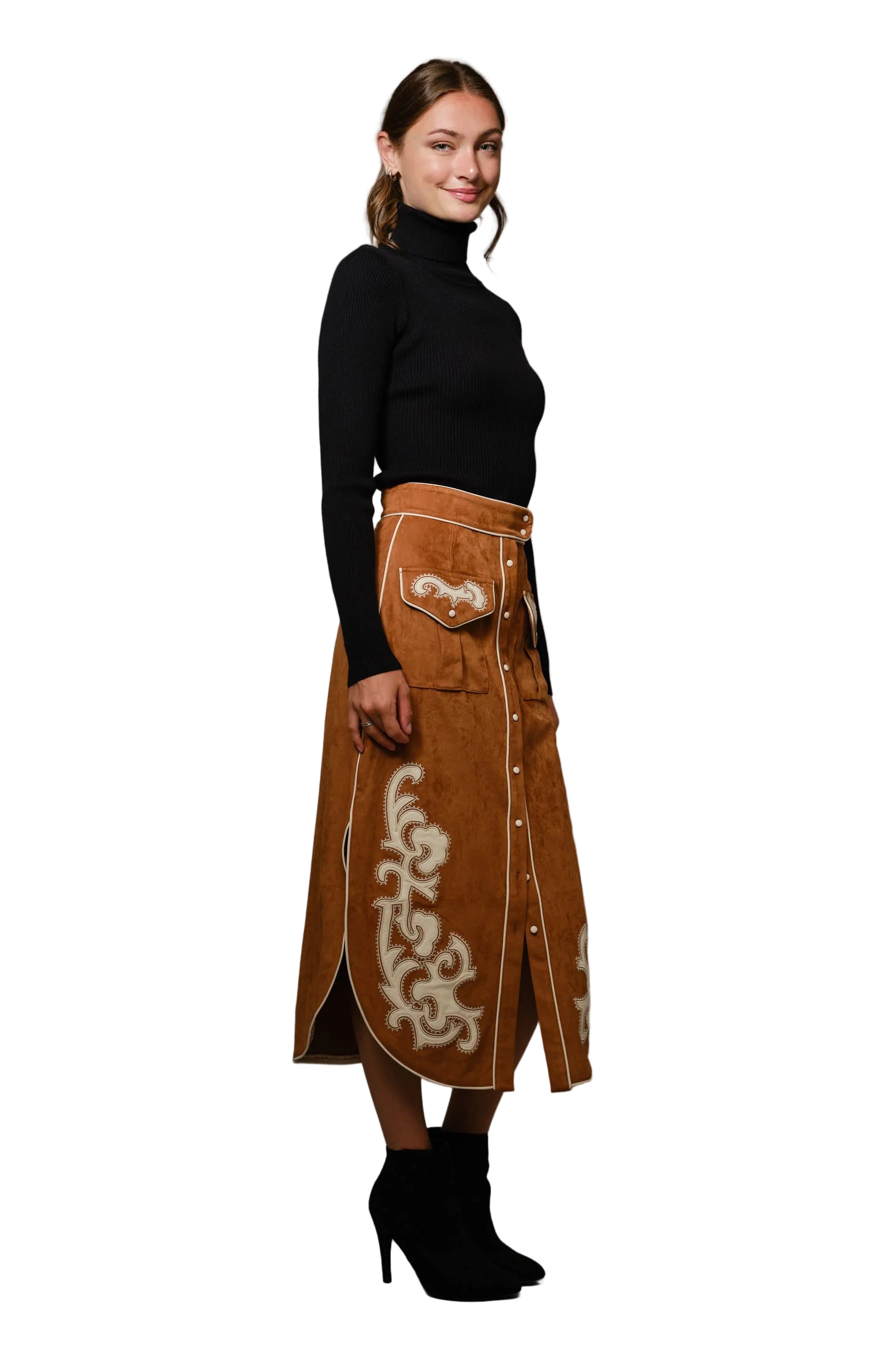 Suede Embroidered Patch Midi Skirt