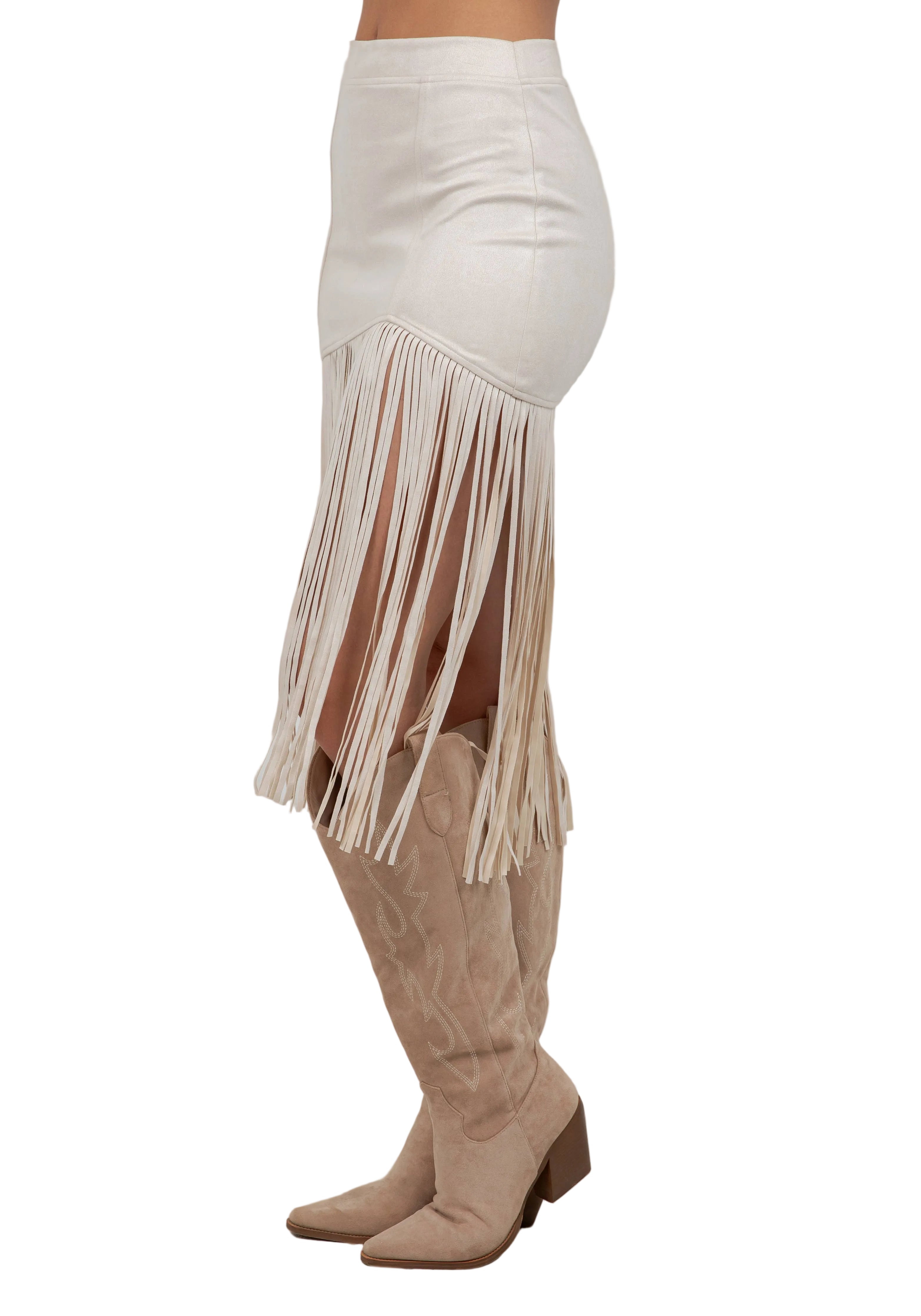 CREAM FRINGED FAUX SUEDE SKIRT