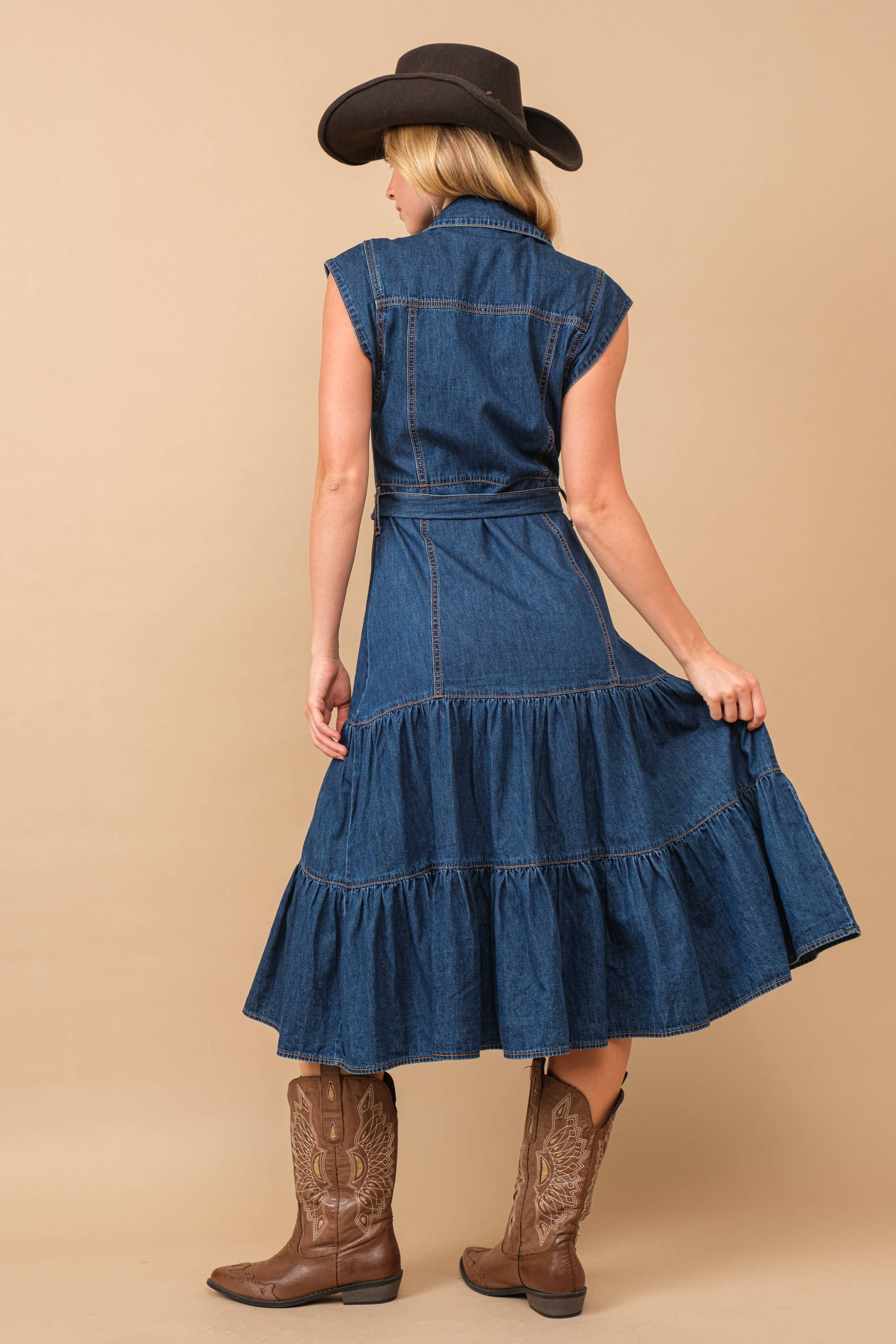 Belted Button Up Tiered Denim Midi Dress